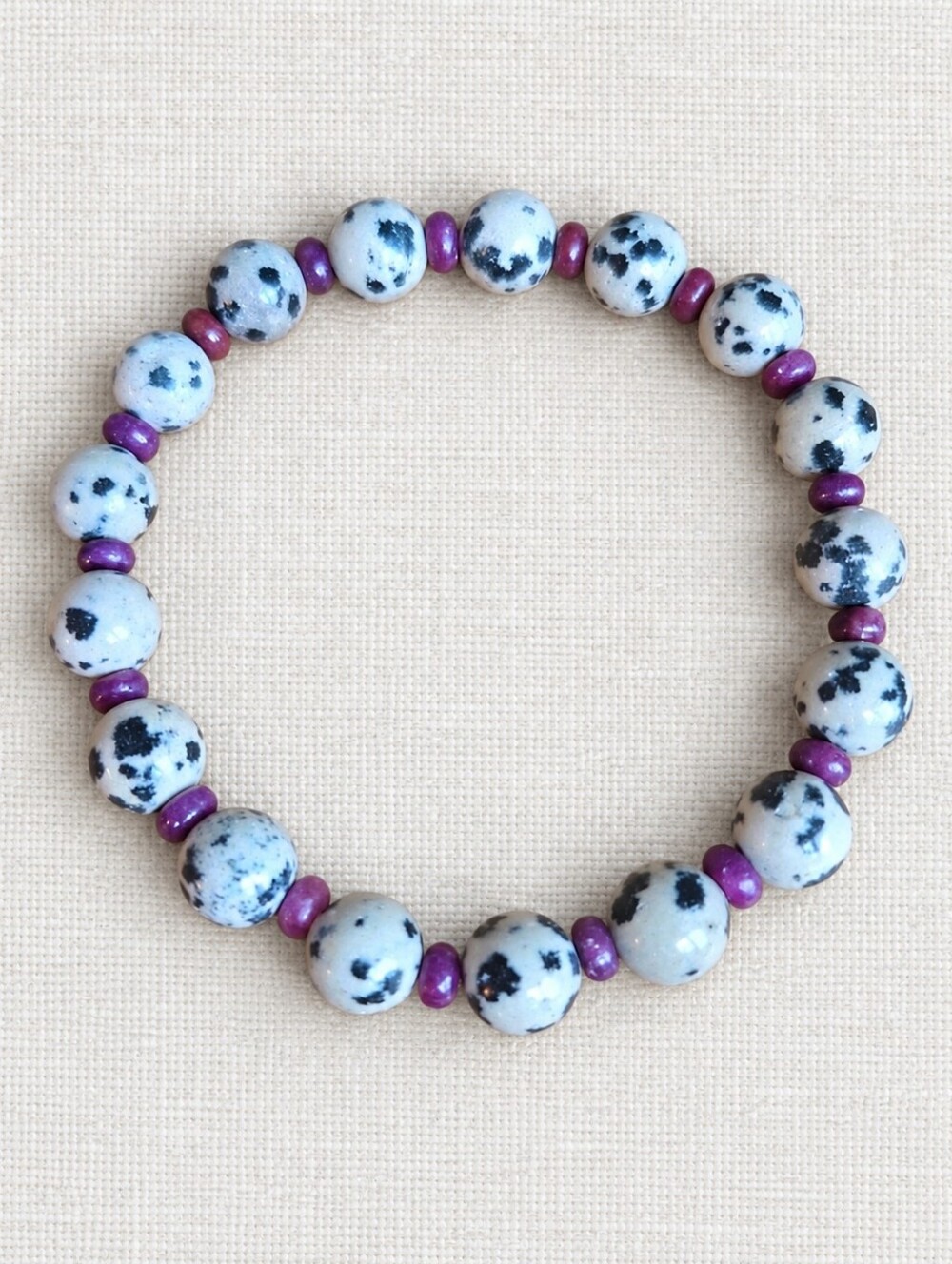 Dalmatian Jasper & Lepidolite Beaded Stretch Bracelet | Handmade